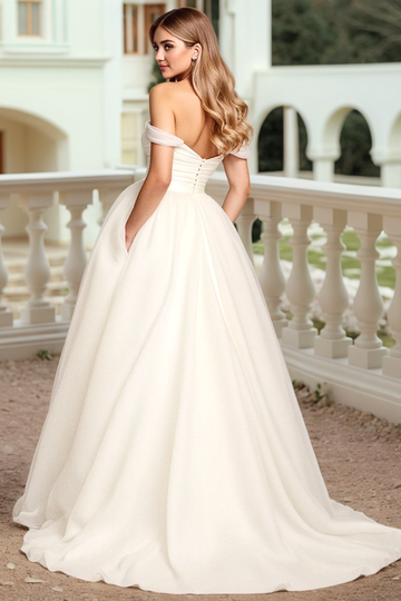 A Line Off The Shoulder Long White Wedding Dress